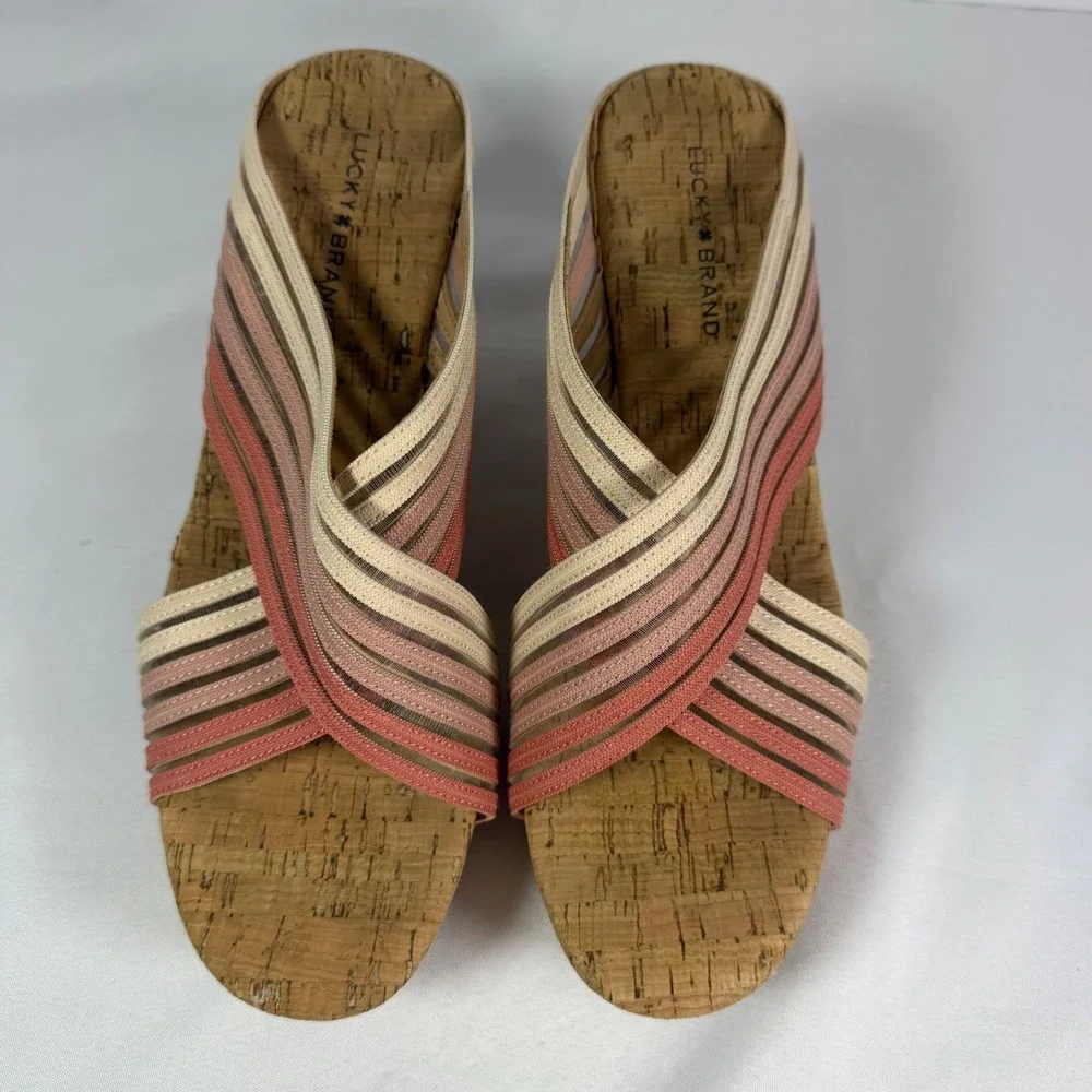 Lucky Brand‎ Myraia Cork Wedge Sandals Pink Coral Striped Elastic Straps 8.5M